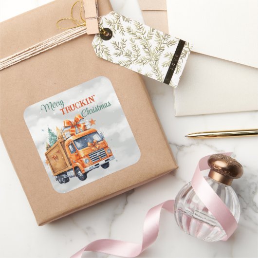 Kerst van Merry Truckin Vierkante Sticker (Geschenken)