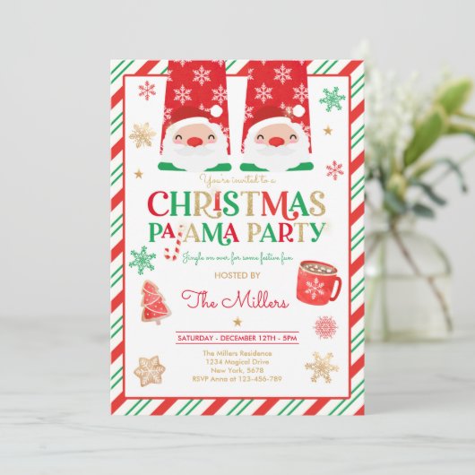 Kerst van Pajama Rood Holiday Pajama Partij Kaart (Staand voorkant)