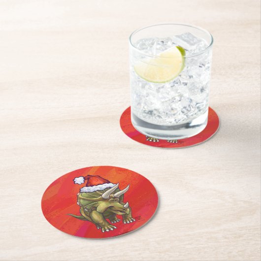 Kerst van Triceratops op rood Ronde Kartonnen Onderzetter (Insitu)