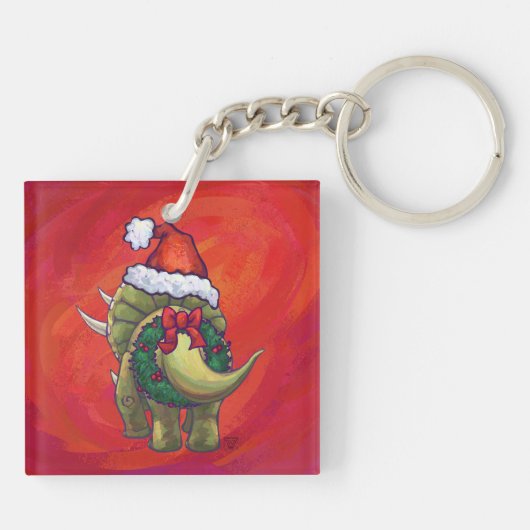 Kerst van Triceratops op rood Sleutelhanger (Achterkant)