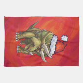 Kerst van Triceratops op rood Theedoek (Horizontaal)