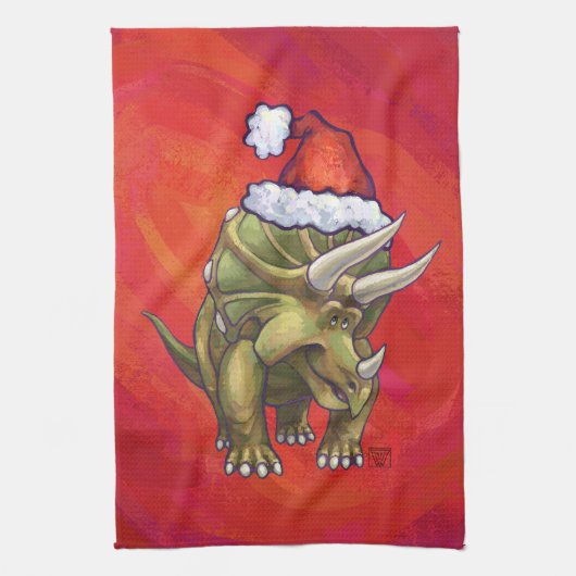 Kerst van Triceratops op rood Theedoek (Verticaal)