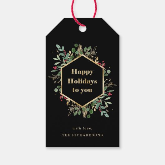 Kerst verguld groen op zwart | Vakantie Cadeaulabel (Voorkant)