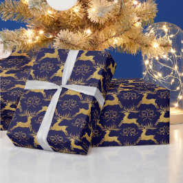 Kerst Verguld Reindeer Leer Marineblauw Cadeaupapier