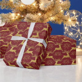 Kerst Verguld Rendier Rood Cadeaupapier