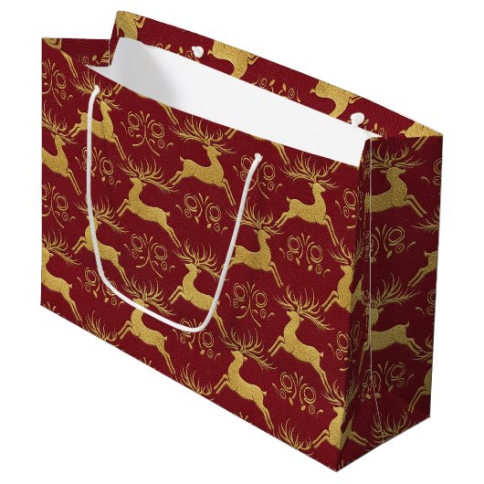 Kerst Verguld Rendier Rood Groot Cadeauzakje (Voorkant Gekanteld)