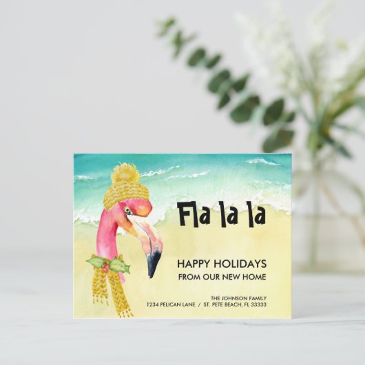 Kerst Verhuisfeest Flamingo Nieuw Thuis Aankondigingskaart (Staand voorkant)
