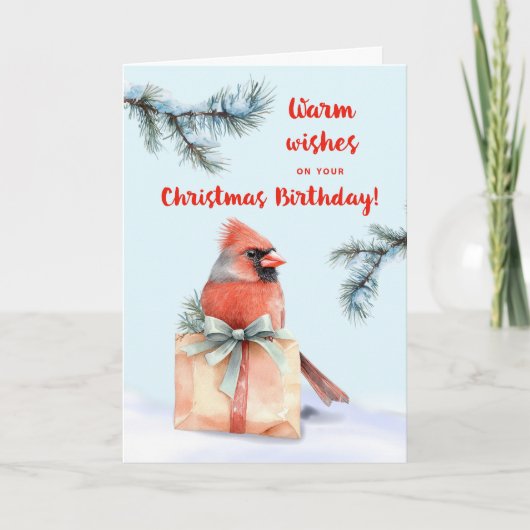 Kerst Verjaardag Kardinaal met Gift Waterverf Kaart (Voorkant)