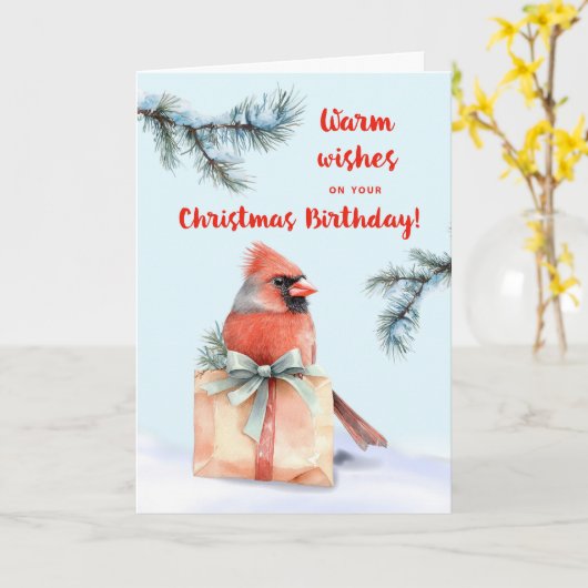 Kerst Verjaardag Kardinaal met Gift Waterverf Kaart (Gele Bloem)