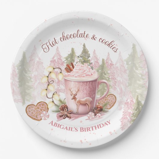 Kerst Verjaardag Roze Hot Chocolate Mok Borden Papieren Bordje (Voorkant)