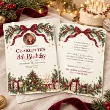 Kerst Verjaardagsfoto Burgundy Strik Uitnodiging