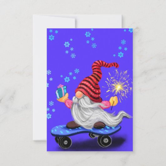 Kerst verjaardagskaart Schaatser Gnome met Cadeaus (Achterkant)