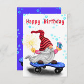 Kerst verjaardagskaart Schaatser Gnome met Cadeaus (Voorkant / Achterkant)