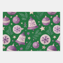 Kerst Verpakking Papieren Set van 3 - Paarse Bells Inpakpapier Vel