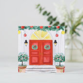 Kerst Versierd Huis Voordeur Topiary Feestdagenkaart (Staand voorkant)