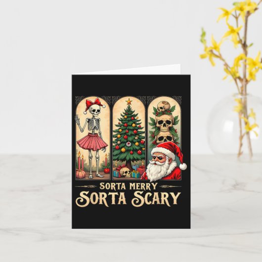 Kerst Vibes Skelet Sorta Merry Sorta Scary Kaart (Gele Bloem)