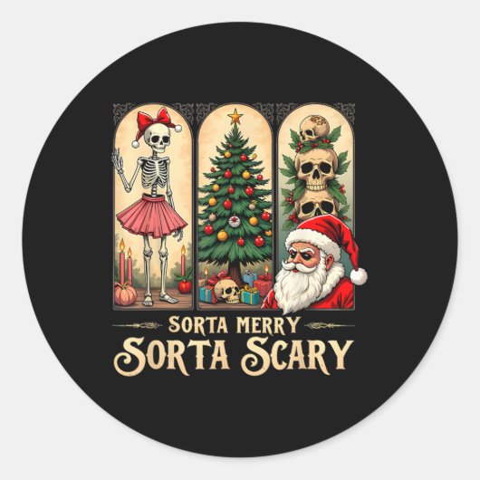 Kerst Vibes Skelet Sorta Merry Sorta Scary Ronde Sticker (Voorkant)