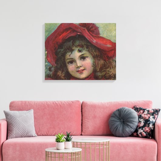 Kerst Victoriaans Kind Rood Pet Meisje Portret Ar Canvas Afdruk (Insitu (Woonkamer))