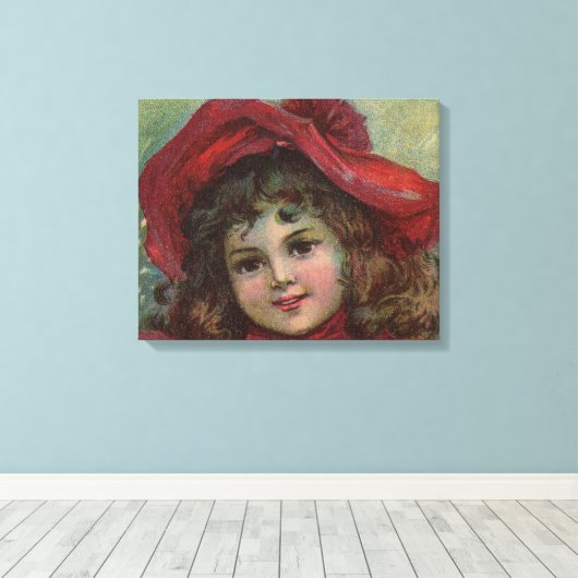 Kerst Victoriaans Kind Rood Pet Meisje Portret Ar Canvas Afdruk (Insitu (Houten vloer))