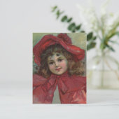 Kerst Victoriaans Kind Rood Pet Meisje Portret Ar Feestdagenkaart (Staand voorkant)