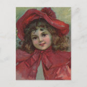 Kerst Victoriaans Kind Rood Pet Meisje Portret Ar Feestdagenkaart (Voorkant)