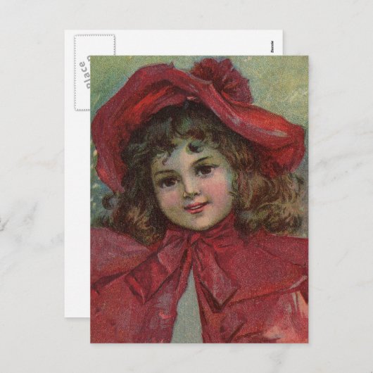 Kerst Victoriaans Kind Rood Pet Meisje Portret Ar Feestdagenkaart (Voorkant / Achterkant)