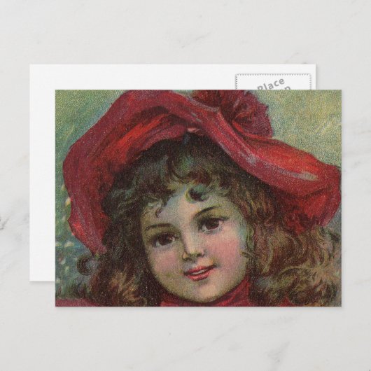 Kerst Victoriaans Kind Rood Pet Meisje Portret Ar Feestdagenkaart (Voorkant / Achterkant)