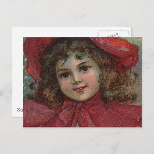 Kerst Victoriaans Kind Rood Pet Meisje Portret Ar Feestdagenkaart (Voorkant / Achterkant)