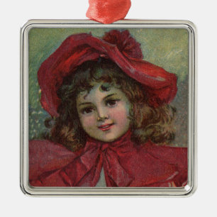 Kerst Victoriaans Kind Rood Pet Meisje Portret Ar Metalen Ornament
