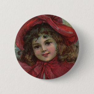 Kerst Victoriaans Kind Rood Pet Meisje Portret Ar Ronde Button 5,7 Cm
