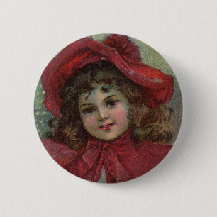 Kerst Victoriaans Kind Rood Pet Meisje Portret Ar Ronde Button 5,7 Cm