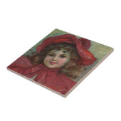 Kerst Victoriaans Kind Rood Pet Meisje Portret Ar Tegeltje (Zijkant)