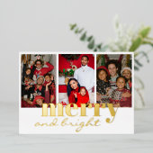 Kerst vier drie foto wit en goud folie feestdagenkaart (Staand Voorkant)