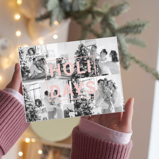 Kerst vier familie foto | Roze vakantie Briefkaart
