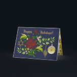 Kerst vieren en Chanoeka personaliseren Feestdagen Kaart<br><div class="desc">Met een knipoog naar zowel Kerstmis als Chanoeka, heeft deze prachtig ontworpen vakantiepas een origineel digitaal schilderij van een sierlijk boeket bestaande uit rode Fuji-moeders, witte madeliefjes en gevarieerde zwervende jood, versierd met Retro-stijl kerstboom-Ornamenten en een gouden davidster, allemaal op een rijke marineblauwe achtergrond. Binnenin is een geschilderde achtergrond van...</div>
