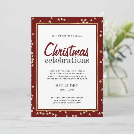 Kerst viering rood wit goud sterren kaart (Staand voorkant)