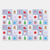 Kerst Vierkant Patroon Blauw Beige en Kleurrijk Inpakpapier Vel (Voorkant)