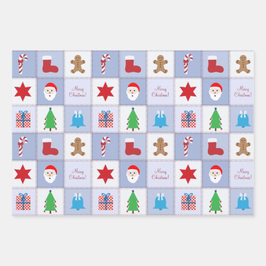 Kerst Vierkant Patroon Blauw Beige en Kleurrijk Inpakpapier Vel (Voorkant)