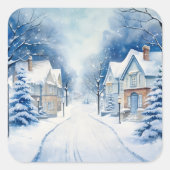 Kerst  Village Blue Scene Vierkante Sticker (Voorkant)