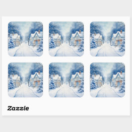 Kerst Village Blue Scene Vierkante Sticker