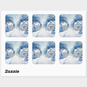 Kerst  Village Blue Scene Vierkante Sticker