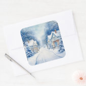 Kerst  Village Blue Scene Vierkante Sticker (Envelop)