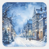 Kerst  Village Scene Blauw Vierkante Sticker (Voorkant)