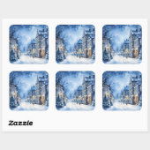 Kerst  Village Scene Blauw Vierkante Sticker (Vel)