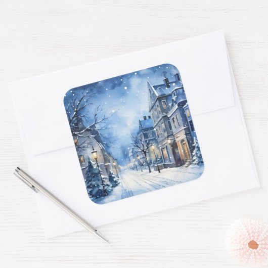 Kerst  Village Scene Blauw Vierkante Sticker (Envelop)