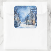Kerst  Village Scene Blauw Vierkante Sticker (Tas)
