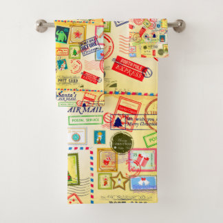 Kerst Vintage Ansichtkaart & Postzegelpatroon Bad Handdoek