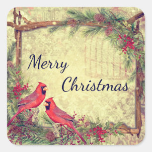 Kerst Vintage Cardinals Vierkante Sticker
