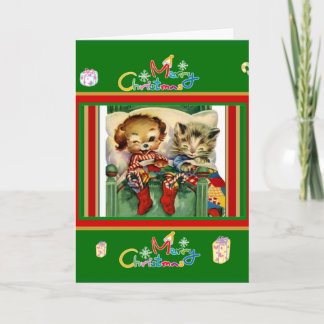 Kerst Vintage Kaart Prettig Kerstfeest Kittens Hon