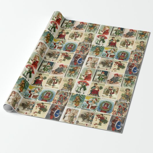 Kerst Vintage Kaarten Kerstman Collage Cadeaupapier (Uitgerold)